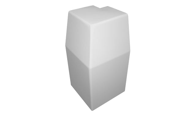 white baseboard heater outside corner piece, with a smooth, angled design, isolated on a white background.