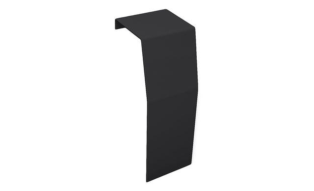 Single premium black baseboard heater end cap, tall and with a sleek, angled, closed-end design, isolated on a white background.