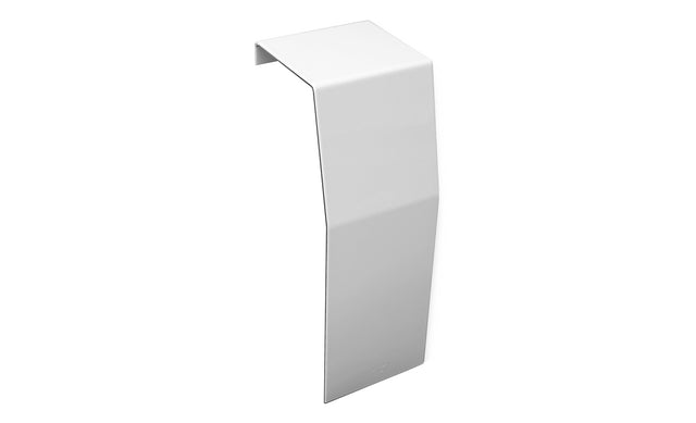 Single white premium ubaseboard heater end cap, tall and with a sleek, angled, closed-end design, isolated on a white background.